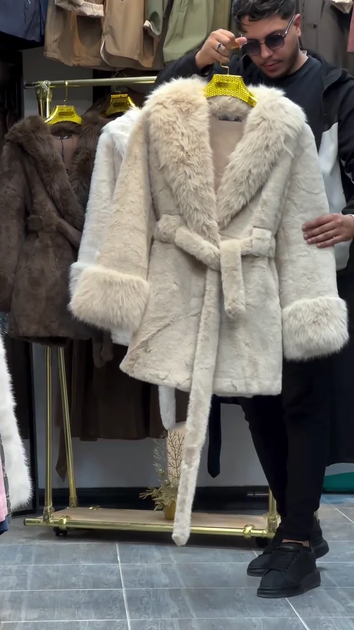 Luxurious Mid-Length Faux Fur Coat Featuring a Wide Fur Collar, Oversized Fur Cuffs, and a Coordinating Self-Tie Belt for an Elegant, Cinching Silhouette, Available in Cream and Rich Chocolate Brown - Image 2