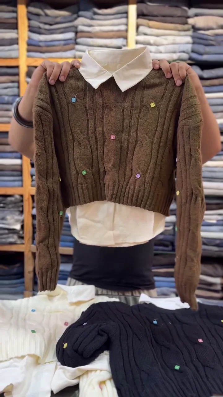 Charming Women's Cable Knit Cropped Sweater Collection: Cozy V-Neck Pullovers with Colorful Embroidered Dots and Ribbed Trim for Stylish Layering over Collared Shirts this Winter - Image 2