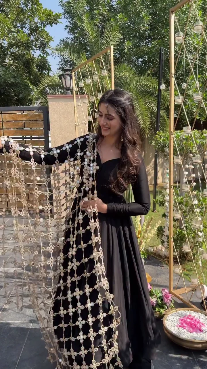 Sophisticated Onyx Black Anarkali Suit with Grand Mirror-Work Jaal Dupatta