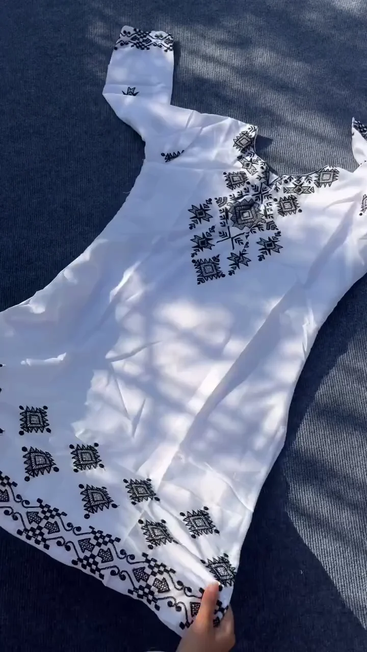 Classic White & Obsidian Geometric Embroidered Kurta with Handcrafted Yoke Detailing