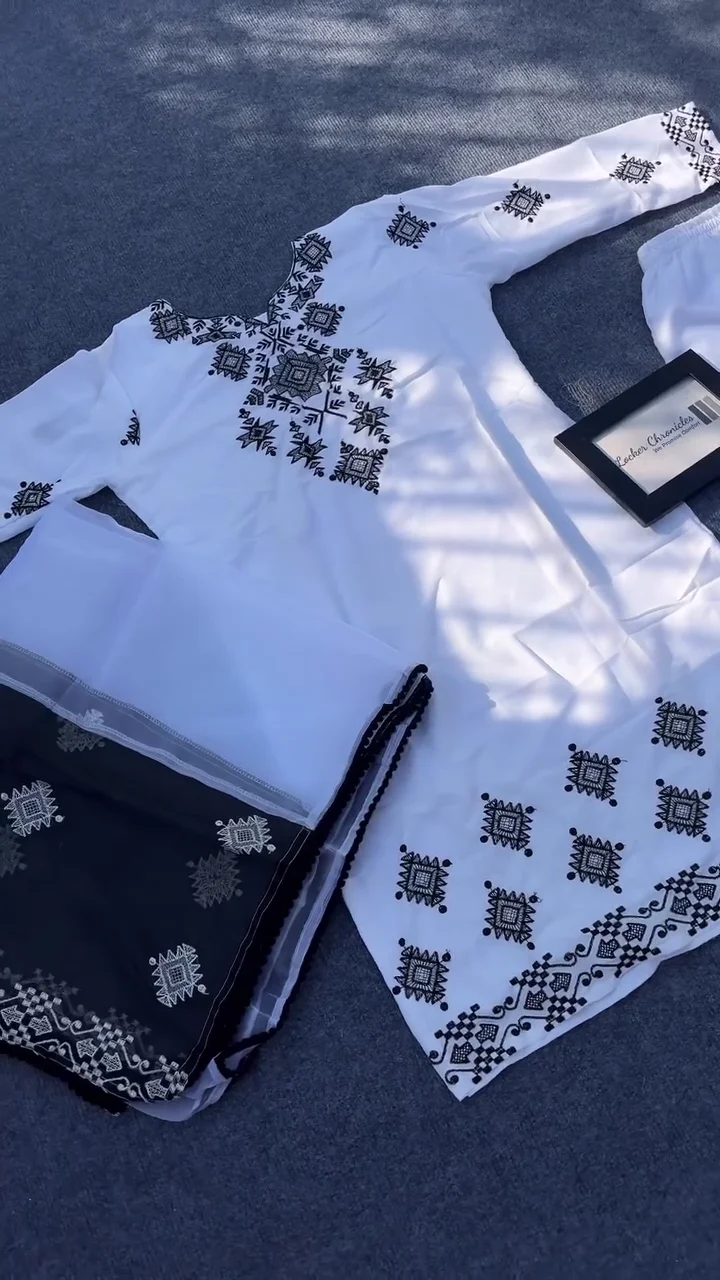 Classic White & Obsidian Geometric Embroidered Kurta with Handcrafted Yoke Detailing - Image 2