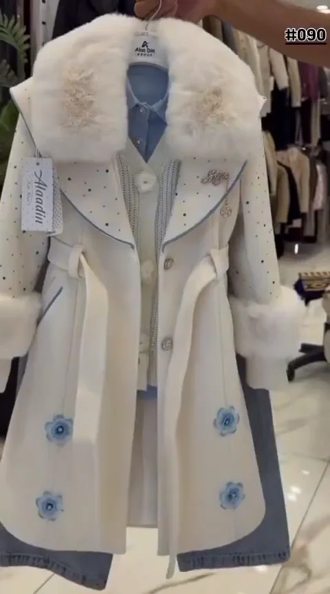 Elegant Girls' Winter Overcoat Set with Faux Fur Trim and Floral Embroidery