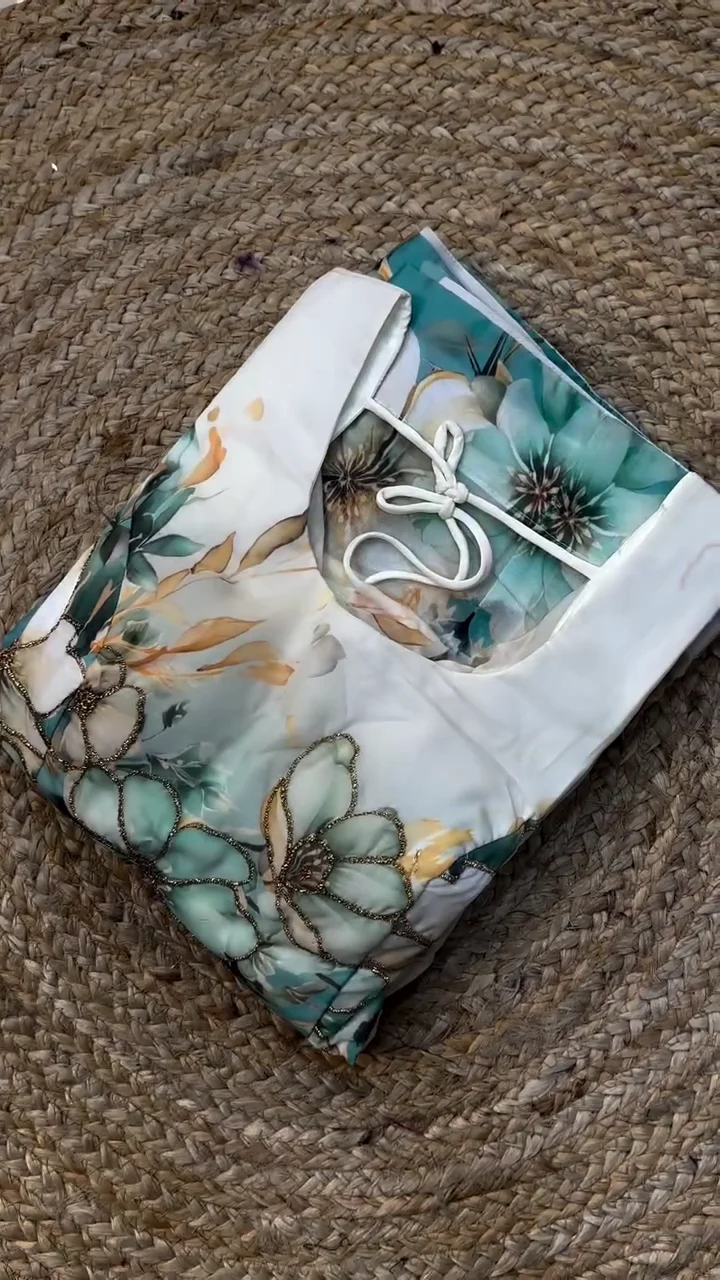 Elegant Teal and White Ombré Organza Anarkali Gown – Luxurious Floral Printed Ethnic Suit Set with Shimmering Embroidery and Coordinated Dupatta