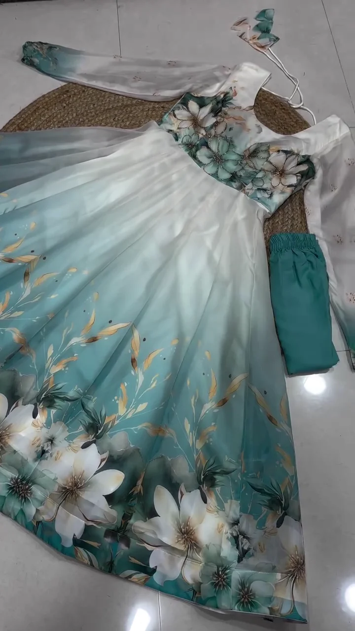 Elegant Teal and White Ombré Organza Anarkali Gown – Luxurious Floral Printed Ethnic Suit Set with Shimmering Embroidery and Coordinated Dupatta - Image 2