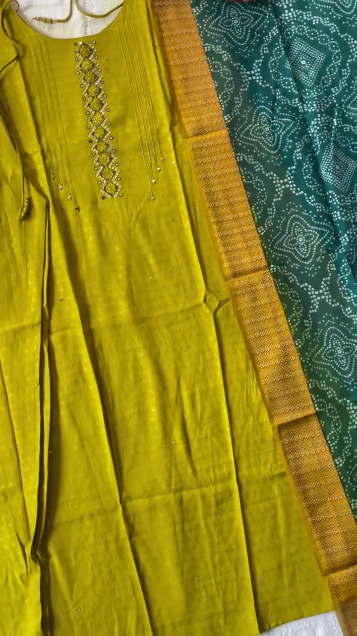 Vibrant Olive-Green Chanderi Kurta with Geometric Mirror-Work Embroidery, Pintuck Detailing, and a Contrasting Teal Bandhani Print Dupatta with Zari Borders - Image 2